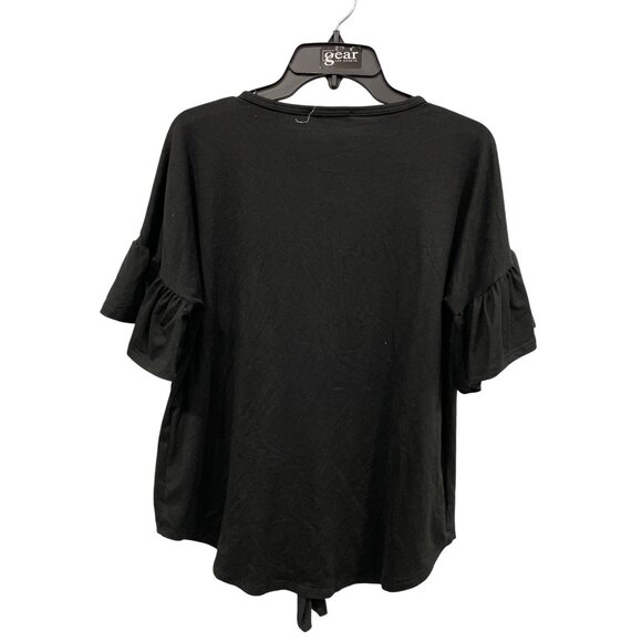 Reb In J Button Front Blouse Size Small Ruffled Sleeve Knot Front Black Feminine - Picture 2 of 7